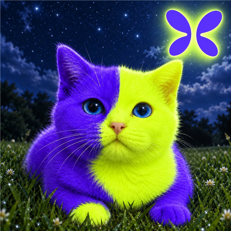 Official FLAPCAT violet and neon green cat artwork